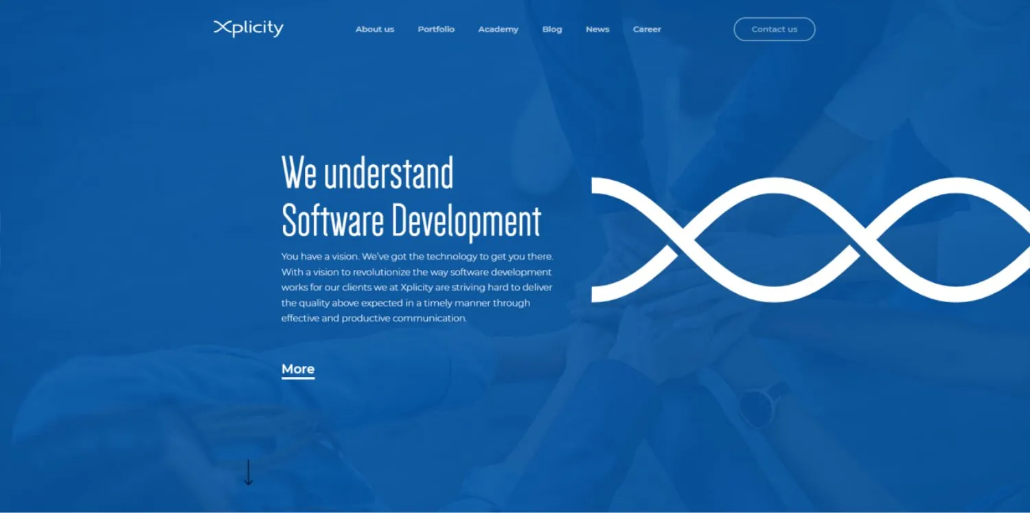 The old Xplicity site — a generic stock photo of stacked hands, small grey body text, and a dated blue-and-grey layout.